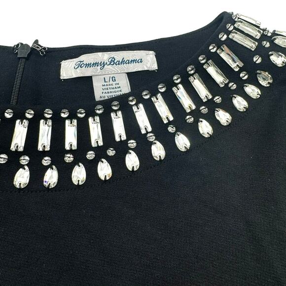 TOMMY BAHAMA Womens Large Black Silver Darcy Ponte Knit Beaded Embellished Dress - Picture 1 of 10